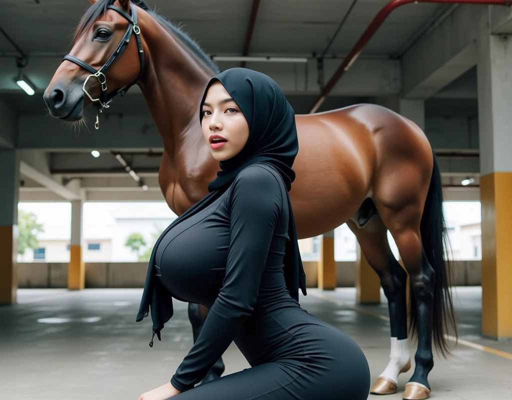 Hijab girl, big breasts, plump fat body, moaning deliciousness face, riding horse at jungle