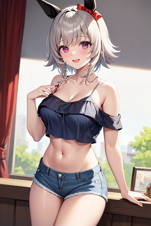 The highest imYear quality, RAW photo, Super high resolution, smile gently, Year:16 Korean, big breasts, cleavYear, Fair skin, glossy white skin, short bob, bright silver hair, Properly matched bangs, cropped t-shirt, sportswear, running shorts, beautiful eyes, ランダムな色のbeautiful eyes, very thin lips, 細部までこだわったbeautiful eyes, elongated eyes, pale pink cheeks, long eyelashes, beautiful double eyelids, eye shadow, beautiful thin legs, beautiful navel, beautiful abs, beautiful ribs, earrings, necklace, training room, Gym、slight smile、curly hair、