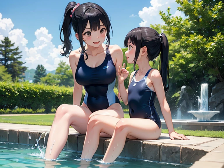 Beauty mother-in-law Black Hair Mother and daughter have beautiful breasts White swimsuit Pool Leg spread