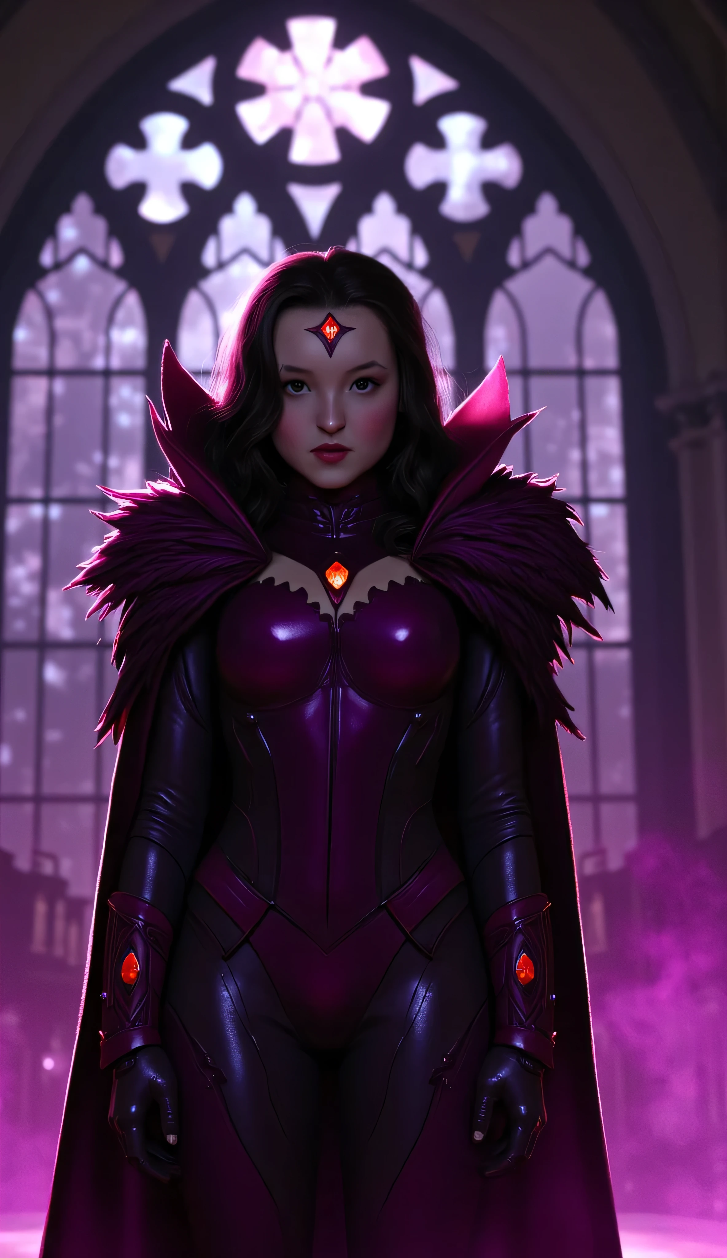 Bella Ramsey as Raven, Teen Titans, DC, highly detailed digital artwork, seductive dark sorceress style, wears glossy dark purple bodysuit with red gem accents, hooded cloak adorned with raven feathers, glowing red gem on forehead, eyes glow with mystical energy, stands confidently, gothic cathedral, glowing stained glass, magical mysterious and dramatic atmosphere, lens flares, glowing effects, cinematic lighting, fantasy, dark elegance, seductive mysticism