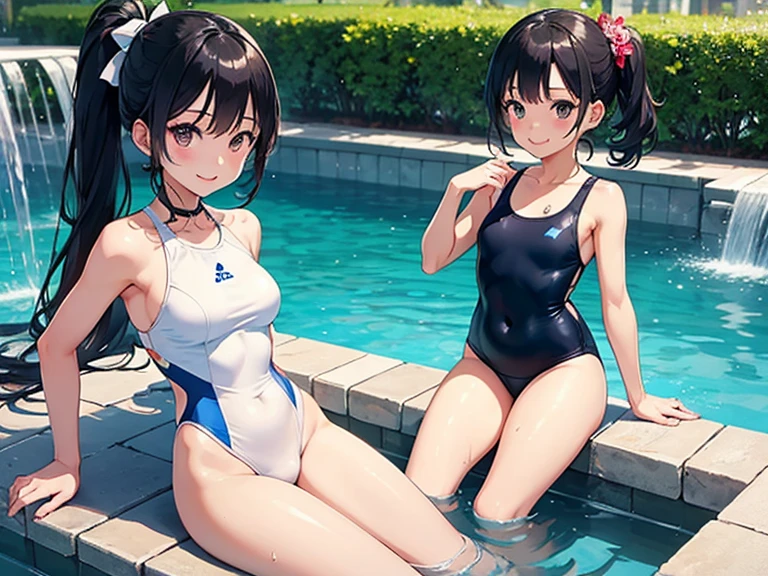 best picture quality, 8K, high quality, masterpiece:1.2), ((masterpiece)), (high detail, high quality, best picture quality), bokeh, DOF, Portrait, open stance, (cute illustration:1.2), (small size breast), inside poolside, sunny days, full body, sitting, beautiful light, (girls with various fancy hair color and hair style:1.3), (dark navy school swimsuit,), cute face girl, sexy, smile, armpits, bun hairstyle,