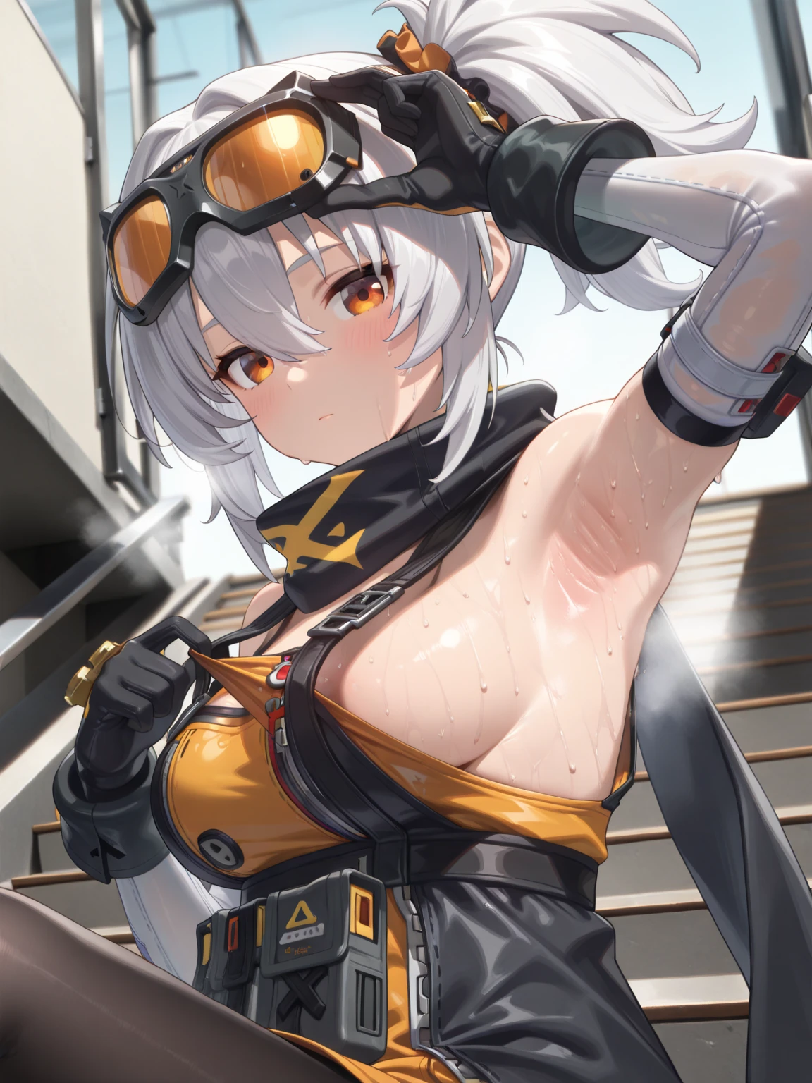 Splatoon Girl、Adult female, Pale skin, Long black tentacle hair, Golden Eyes, ピンク色のleather Tube top, White leather jacket, Tube top, Underbust, Leather mini skirt, Wide Hips, Narrow waist, Open the belly, Open chest, Large Breasts, masterpiece, high quality, Perfect Fingers, Perfect limbs, Earrings, Heavy makeup, Half Body, Bear ears, Bear Pufftail,Inside a convenience store