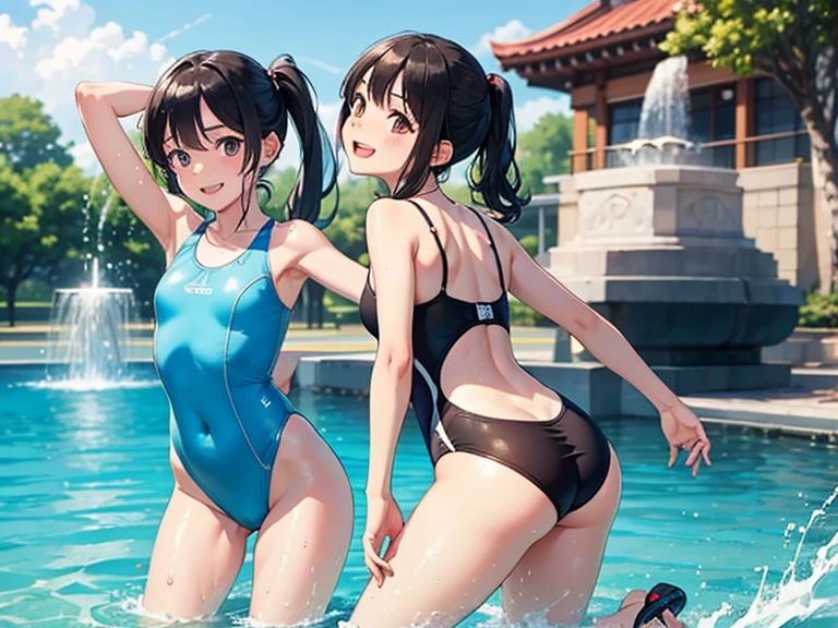 (((masterpiece, Highest quality, High resolution, 超High resolution, Perfect Pixel, Depth of written boundary, 4K, RTTX 10.0))), Beautiful Anime Women, Beautiful art style, Anime characters, ((Smooth texture, Realistic texture, Anime CG Style)), Exact finger count、Exact number of legs、(Exact number of arms:1.0, Exact number of hands:1.0), (Perfect hands, Perfect Anatomy.1.5), Cinematic, Realistic, Extremely detailed CG, Daytime lighting, Perfect lighting, Best Shadow, The best natural light, Perfectly balanced style, Perfect body, (Long Hair, Brown Hair, ponytail), ((Back view of two women walking:1.5), (Sexy and cute pink underwear, Sexy and cute light blue underwear, Shiny satin side-tie full-back panties, Panties with lace trim around the edges, micro lace bra, Lace-trimmed bra:1.3), (From directly below), (Poolside, Inviting ass, There are lots of people having fun at the pool in the background.々is playing:1.3)