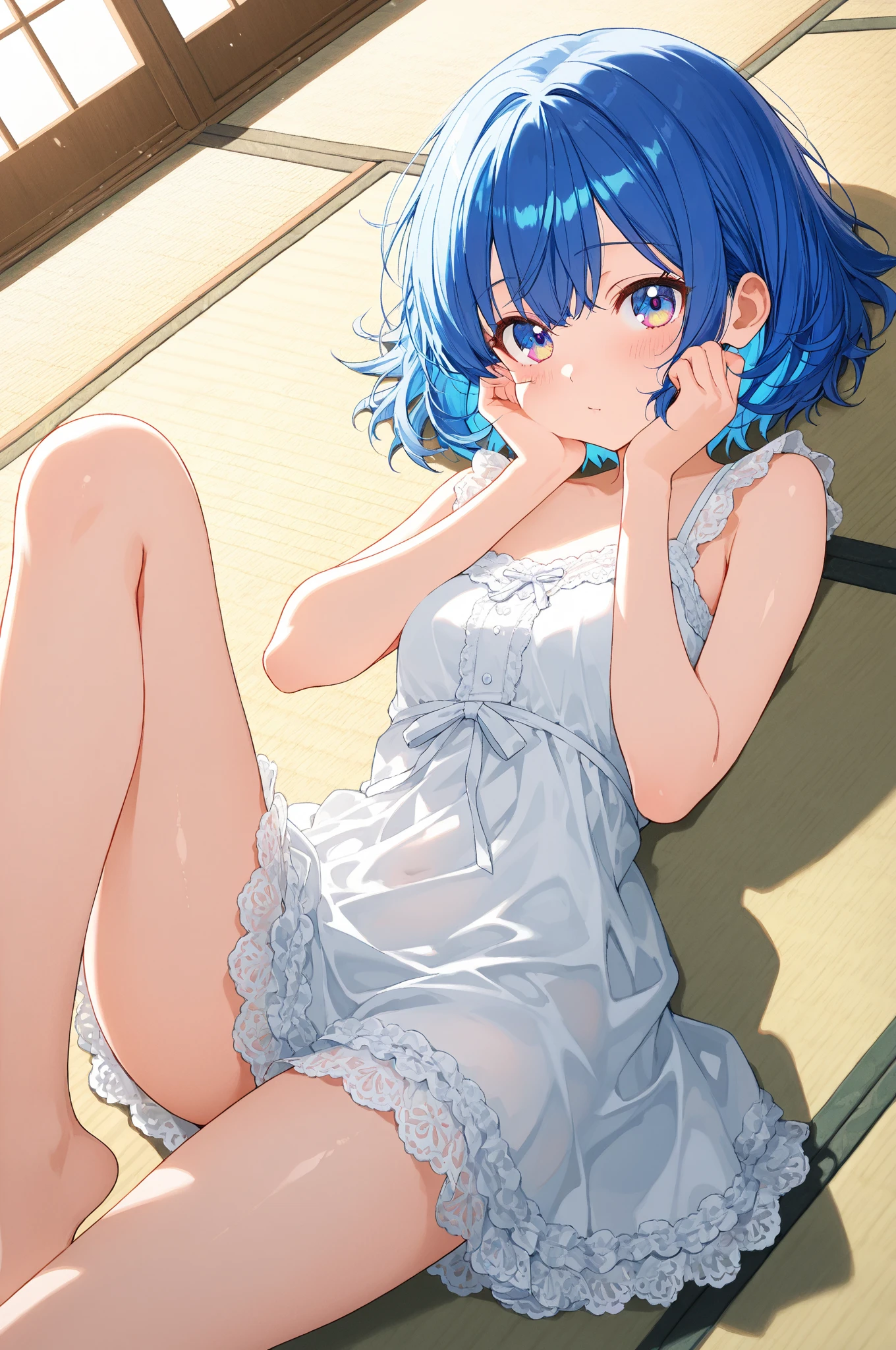 ((She is wet with mushy white liquid: 1.3)), (Perfect arms and hands), (Perfect legs), (Masterpiece, top quality), 1 girl, NSFW, (((Bukkake)), silk underwear, (20 year old girl), bed, Embarrassing, Show off, Flat chest of drawers, Panties, Clear, (Blue bob hair: 1.4), Bra, Lying down, Spread your legs, camel toes, 8k, (exposed crotch: 1.5), (blush), (top-down view: 1.5), COWBOY SHOT, (perfect body)), beautiful Japan woman with white skin with full soft breasts with big buttocks, ((huge breasts: 1.4)), (very soft breasts)), ultra-detailed face, detailed eyes, (((no close-up)),