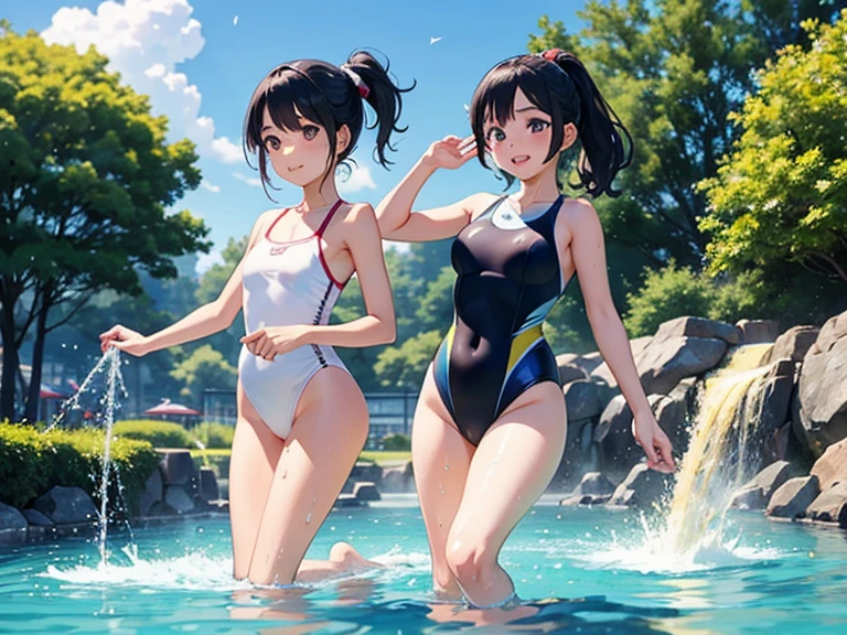 (best picture quality, 4K, high quality, masterpiece::1.2), ((masterpiece)), high detail, high quality, best picture quality, high quality, cute, early 12years old girl in a competition swimsuit with pantyhose at poolside in the indoor pool, full body, loli, short height, medium breasts, bokeh, DOF, Portrait, evil grin, open stance, (cute illustration:1.2), high-resolution, ultra-detailed, best-quality, bare-shoulder, showing armpits, embarrassed, 4girls