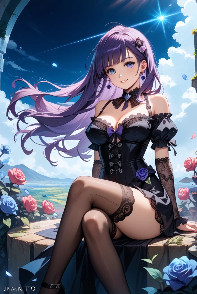 1girll，独奏，sit on chair，Inside the garden，cabelos preto e longos，Rose hair cards，Violet off-the-shoulder dress，black lence stockings