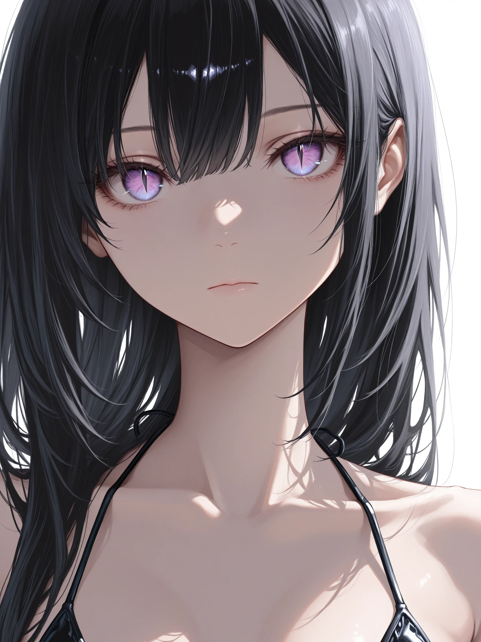 (masterpiece, best quality, absurdres), source_anime, (score_9, score_8_up, score_7_up, score_6_up, score_5_up, score_4_up), 1girl, solo, medium breasts, dark black hair, long hair, purple eyes, bags under eyes, horn, malnourished, depressed, innexpressive, Black dress, sundress, upper body, portrait, white background, simple background,arm pits