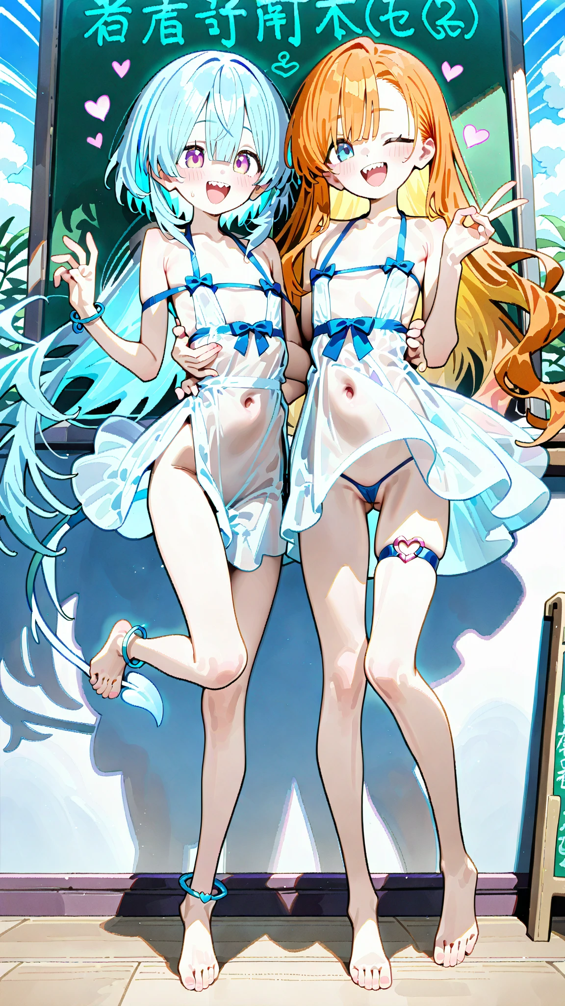 2 girls, the best, masterpiece, HD, (whole body), Symmetrical, alone, (whole body from head to toe), ((moro liberation front)), slingshot bikini, unrealistic, (( camel toe)), ((((translucent bikini)))), ((((translucent)))), ((((transparent)))), (((transparent clothing))), whole body视图, Look toward the camera, ((Picture of life-size pillows for 2 people separated left and right)), ((dakimakura)), (Lying in bed),Physically based rendering, beautiful women, Perfect body, Smile, bedroom, Giant breast, barefoot, toe
