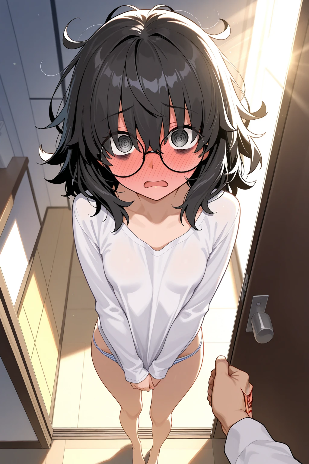 Erotic、Bedroom、Completely naked、slender、younger sister、Woman with glasses standing and looking down from above、Black Hair、Sweat、Embarrassed expression、Naughty smile、No clothes、Sexy armpits　three tits　脇Sweat　My armpits are steamy　脇Sweat　Close-up of pussy　Small breasts　Young　pubic hair　Armpit hair growing　Colorful　front　Looking up from below　Crotch close-up　Color絵　Love juice　Spread your legs　Color　Semen splash
