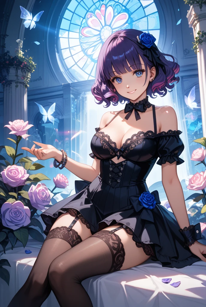 (masterpiece, Highest quality:1.3), (Very detailed:1.2), (hyperRealistic:1.3), (RAW Photos:1.2), High resolution raw color photos, Professional photos, (PhotoRealistic:1.4), (Realistic:1.4), (Pink Hair:1.5), Professional Lighting, Perfect Anatomy, (Big Breasts:1.2), (blush, Detailed face), (Bright smile:1.5), Trending Hair&Trending Hairカラーをランダムに, Earrings, necklace, bracelet, sexy, erotic sexy, ランダムなsexyなグラビアポーズ, (Beautiful cosplayer in a purple and black gothic lolita dress、The mysterious smile of an old church、Black rose in hand。Lace headdress on head、She is wearing black boots。: 1.3)、Succubus