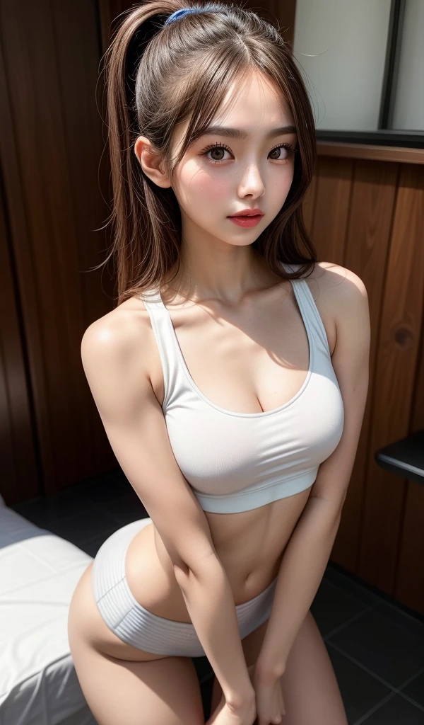 masterpiece:1.2, best quality), realistic, (real picture, intricate details, depth of field),
(1girl, solo), make up, parted lips, highly-detailed, perfect face, (medium breasts:1.4), small waist, tall,
glossy coral lips, red hairs, red eyes, ponytail, (A girl playing volleyball, white volleyball uniform),
(sweating:1.2), (wet), sexy, blushing,