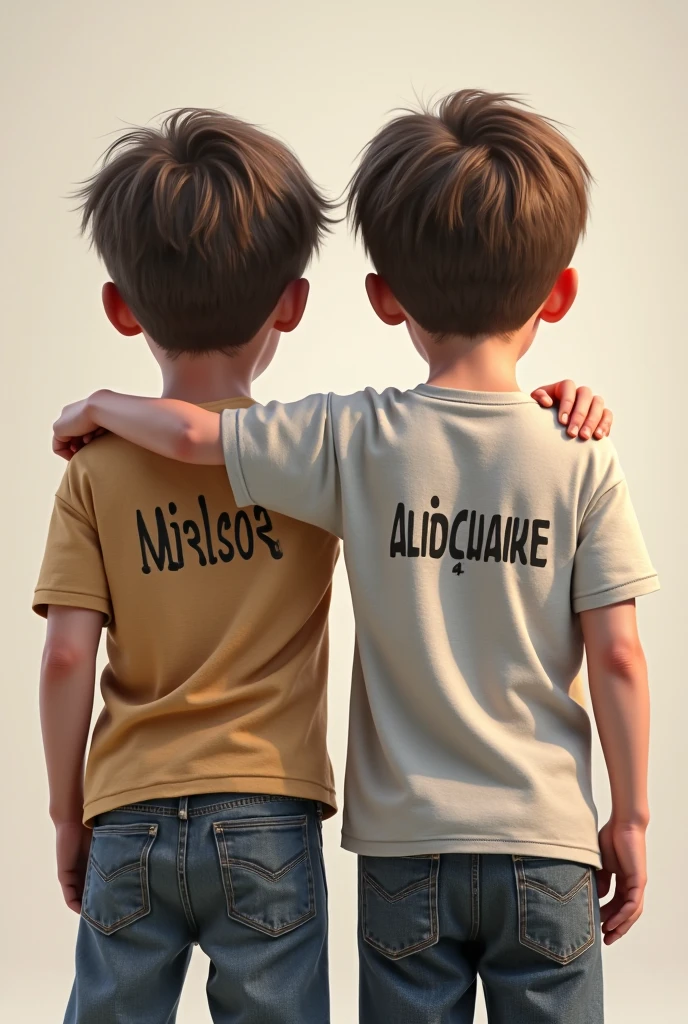 Thin bald man with white skin color sitting with his back turned wearing a t-shirt named Joaquin with a boy with white skin color big black eyes brown hair sitting with his back turned wearing a shirt named Jacobo