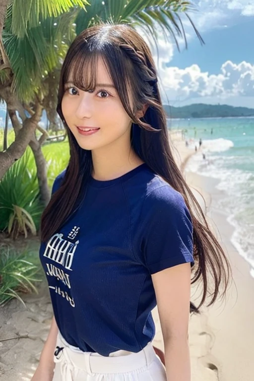 (UHD, retina, masterpiece, ccurate, anatomically correct, textured skin, super detail, high details, high quality, best quality, highres, 1080P, HD, 4K, 8k, 16k), (beautiful detailed eyes, beautiful detailed lips, extremely detailed eyes and face), studio lighting, physically-based rendering, vivid colors, (large breasts, glamorous body), (casual blazer, denim, and T-shirt), (portrait, shiny hair, shiny skin, blush), (seaside surrounded by blue sky and sea, bokeh), eye reflection, jet black hair, (smile and laugh:1.5),
