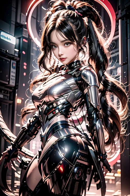 Top Quality, Masterpiece, Ultra High Resolution, (Photorealistic: 1.4), Raw Photo, 1 Girl, Black Hair, Glossy Skin, 1 Mechanical Girl, (Ultra Realistic Details)), Portrait, Global Illumination, Shadows, Octane Rendering, 8K, Ultra Sharp, Big, Cleavage Exposed Raw Skin, Metal, Intricate Ornament Details, Egyptian Details, Very intricate details, realistic light, CGSoation trend, purple eyes, glowing eyes, facing the camera, neon details, mechanical limbs, blood vessels connected to the tube, mechanical vertebrae attached to the back, mechanical cervical attachment to the neck, sitting, wires and cables connecting to the head, gundam, small LED lamps,