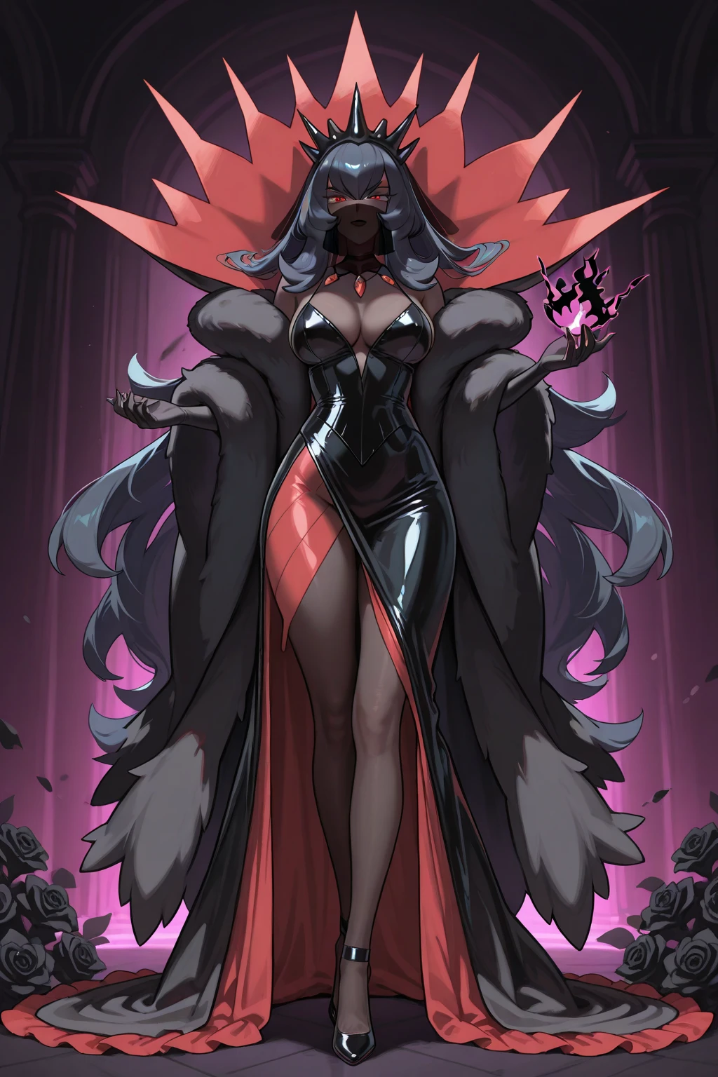 Queen of spades pattern design,poker,Draw an image of an aristocratic woman, Alabaster skin and brown eyes that exude a brutal aura., She wears a sinister tiara studded with dark jewels.,(D cup breasts),Wearing a sexy dress, She holds a scepter decorated with evil symbols, Aura of Malicious Royalty