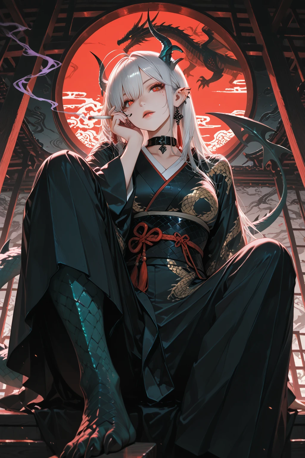 
(((masterpiece, best quality, high detailed, 16k))) (1girl) A powerful sorceress with long, cascading hair that transitions from deep midnight blue to bright silver at the tips. Her sharp, golden eyes gleam with intelligence, and she is adorned in robes of rich burgundy and black, decorated with ancient arcane symbols. In her hand, she holds a large, open book filled with glowing spells. ((full body view))
