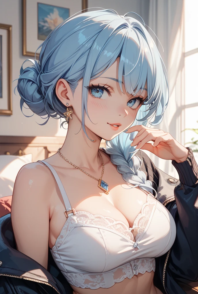 masterpiece, top quality, super detailed, high resolution, (ink painting style), excellent anatomy, beautiful 1 woman, (actual photos, intricate details), alone, upper body, bikini, shoulder-length hair, minimal makeup, natural materials, face close-up, smile, home, (light blue hair), blue eyes, shoulder bare, (in the gap between my breasts), ((sexy)), ((outdoor)), ((lace pattern clothing)), (upper body:1.2), best light, best shadow, mysterious, perfect face, highly detailed,