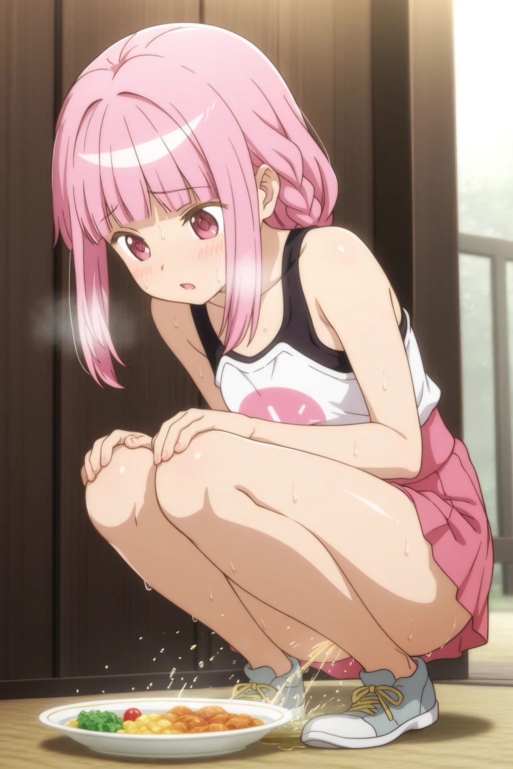clean, {{scan}}, {{{masterpiece}}}, {{{high quality}}}, {{{animeted}}}, anime colored, {{{official art}}}, perfect body, best quality, (masterpiece:1.2), highly detailed, 2D, anime coloring, blush, lying, on back, on bed, white bed, spread legs, legs up, arms behind back,  (((pink panties, pink tank top))), pov crotch, (flat chest:1.4), ((((Skinny)))), Slim Body, Slim waist, (((slim legs))), small hips, thin limbs, ((thin)), , slender, 1girl, madoka, collarbone, two side up, pink hair, crotch, white background, simple background, flat background, looking at viewer, cowboy shot, camel toe, navel, blush, closed mouth, shy, light smile, face-to-face