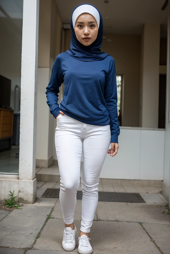 A beautiful young Arabic woman in a hijab light blue, wearing a light blue shirt, black jeans , and a white purse, light brown shoes is standing facing the viewer on the paved road. ((Full Body Professional Gemoy)) and the background was a blurry image of trees and grass. The style is realistic and the images are sharp and well-lit.(( Full-body close-up photos))