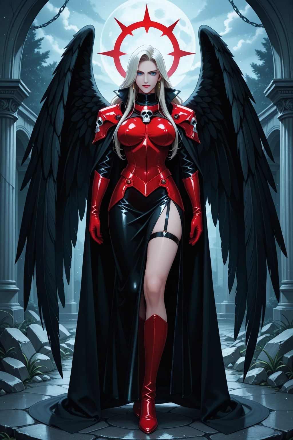 a comic fantasy art of a female devil wearing black leather jacket that has "Devil's Angel" written on it ((full body: 1.5)), exotic beautiful female devil((anatomically correct: 1.5), (ultra detailed face: 1.2), best detailed face, busty, black bat wings, ((red skin: 1.5)),  ((black leather jacket: 1.5)), intricate leather jacket, loose leather jacket, glam leather jacket,  has (("Devil's Angel" written on it: 1.5), wearing silk dress, (dynamic color dress)), wearing high heeled boots, catholic church background, vibrant, Hyperrealism style, vibrant, Ultra-high resolution, High Contrast, (masterpiece:1.5), highest quality, Best aesthetics), best details, best quality, highres, ultra wide angle, 16k, [ultra detailed], masterpiece, best quality, (extremely detailed) RAW, NRART