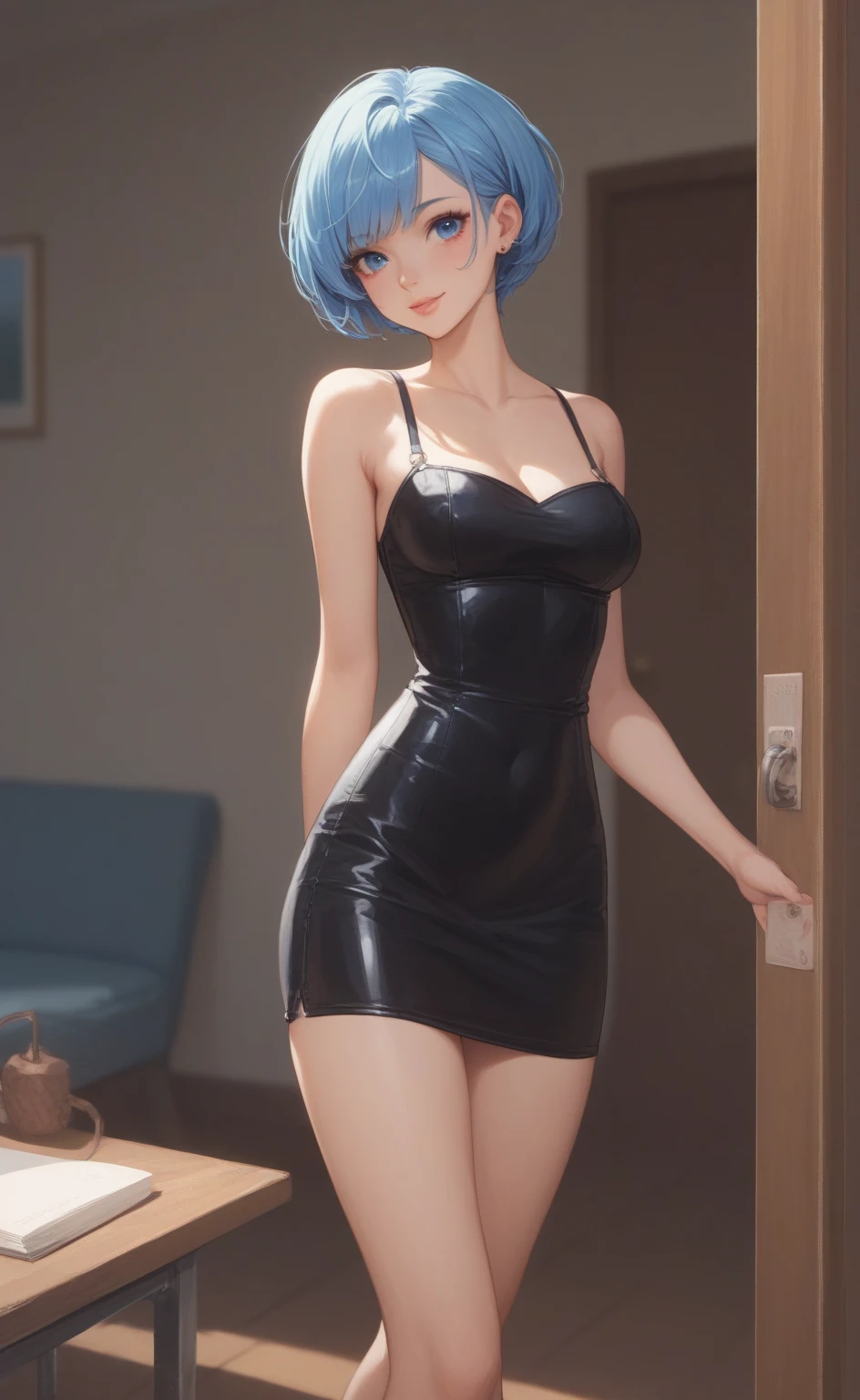 ((((masterpiece, best quality, high resolution)))), 1girl, white hair, purple eyes, short wavy hair, average breasts, blush, light smile, parted lips, glow, thighs, bare shoulders, collarbone, narrow waist, cleavage, (beautiful detailed face, beautiful detailed eyes), long slender thighs, perfect eyes, looking at the viewer, seductive looks, standing on the door, arms behind back, naked, dripping wet, aroused, (nsfw:1.5)