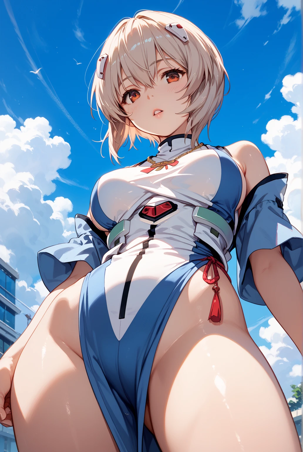 White hair, Ponytail, Blue eyes, Topless, Bottomless, Naked, Clothless, Nipples, Making love, Sex, Cowgirl position, Arms up, Armpit