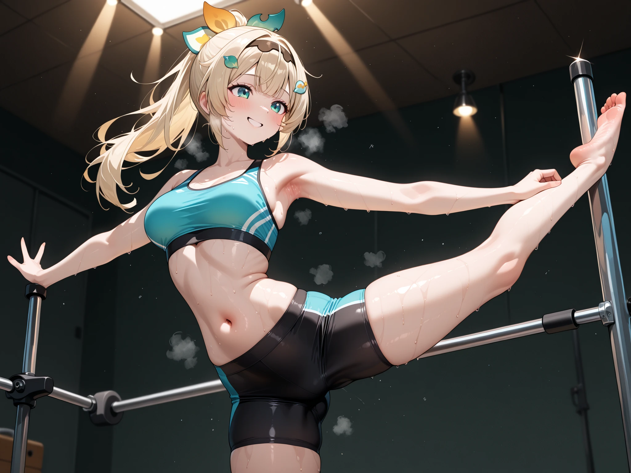 Man in yellow leotard doing yoga pose, anime pose, kawaii playful pose of a dancer, ballet style pose, wearing leotard, Short blonde anime boy, doing splits and stretching, full entire body fun pose, Strongest Pose, tip pose, ballet pose, frantic dancing pose, tendu pose, he is dancing. Realistic