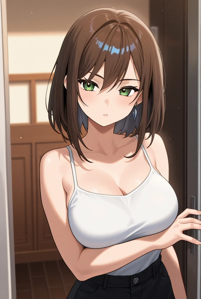 ((best quality)), ((masterpiece)), (detailed), perfect face, brown skin anime woman in a deep V-neck tied top, (bare shoulders), (jeans), starving, (resting hands on the stomach), (hands on the stomach), (slim woman), (smooth and shiny shoulders)