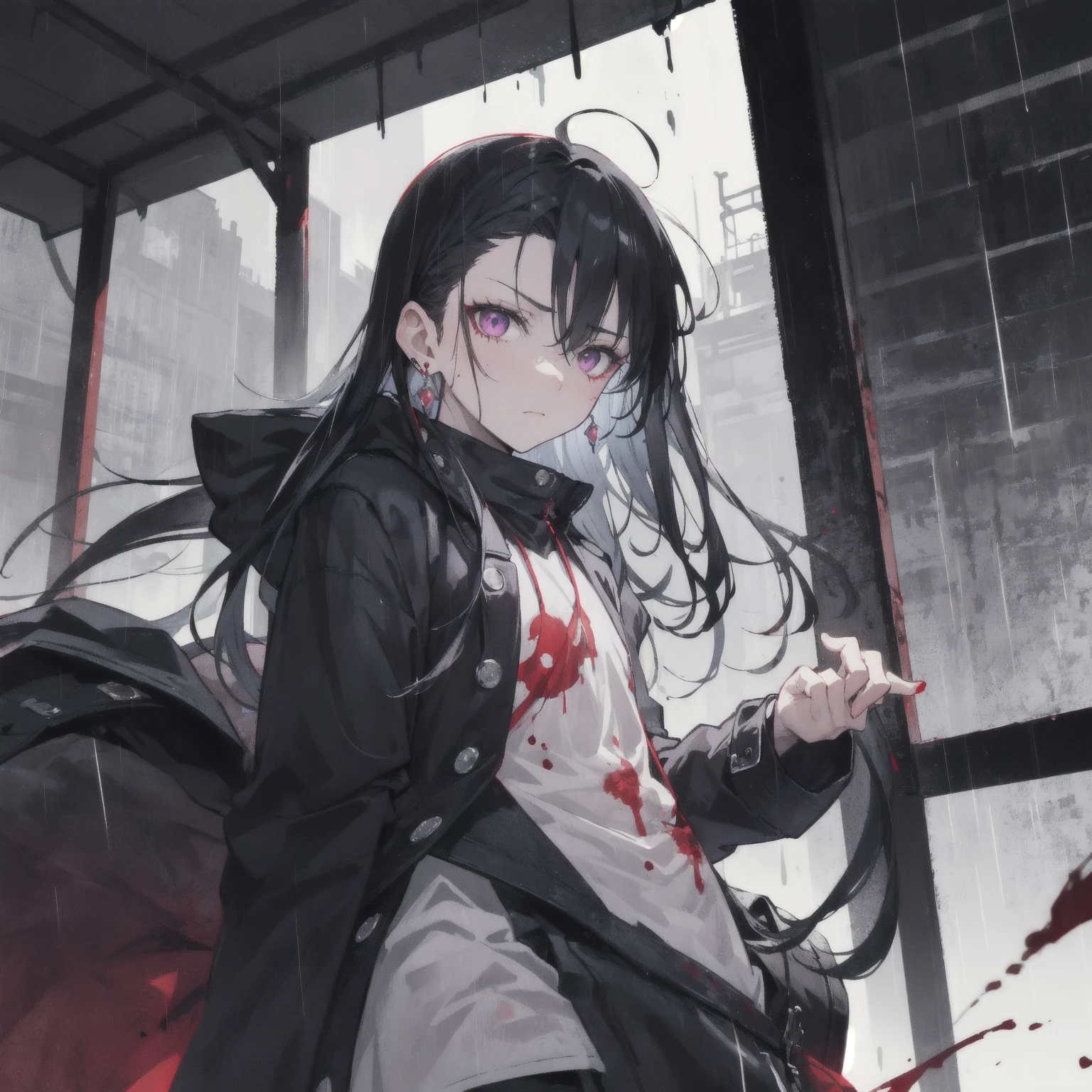 masterpiece、hightquality、vivd colour、(((Long Black Hair、Red Shirt、a black skirt、red eyes)))、(((If you were walking gracefully through the city alone、Watered、Splash Water、getting wet)))、