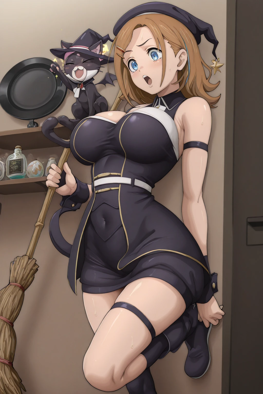 punctuation_9, punctuation_8_High above, punctuation_7_High above,punctuation_6_High above, punctuation_5_High above, punctuation_4_High above , breasts big, 1 girl, Bowsette, standing alone, hollow, hollow,smoke,cigar,Cigar in hand,smoke,makeHigh above, hair blonde, bangss, side locks, thick eyebrows, hair between the eyes, makeHigh above, biquini muito curto e transparentes preto, collant preto, transparentes, black choker, thigh boots, separate breasts, sitting down,cross legs, pub \(place\), neon lights, light particles, bothered, half-closed eyes, dim_Lighting,