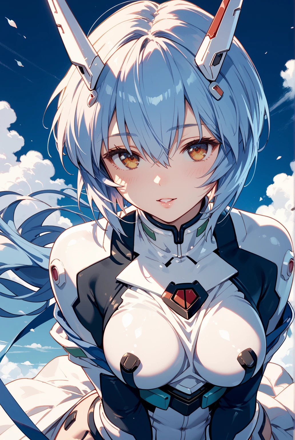 ((masuter piece)),top-quality, illustratio, beatiful detailed eyes, beautiful detailed hair, Floating hair, 1girl in, ayanami, shorth hair, s Armor, deadpan, skiny, solo, turtle neck, body suit, mechs, City, a park,、A smile