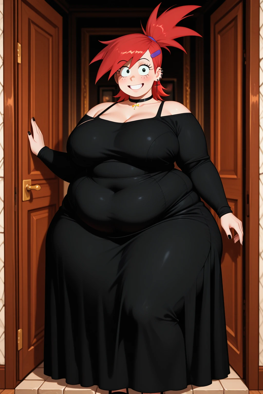 Twi'lek, 1woman, Magenta colored skin, Magenta skin, Arabian dancer, chubby, curvy, two long blue lekku, embarrassed, overweight, fat belly, embarrassed about her weight, thick thighs, wide hips, large breasts, wide, rotund, two lekku. inside a palace.