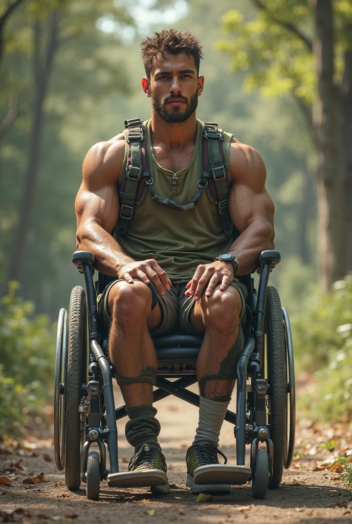 Hot tanned man, He is a wheelchair user, is sitting in a wheelchair with his hand on the wheels, paralyzed legs, wear casual clothes