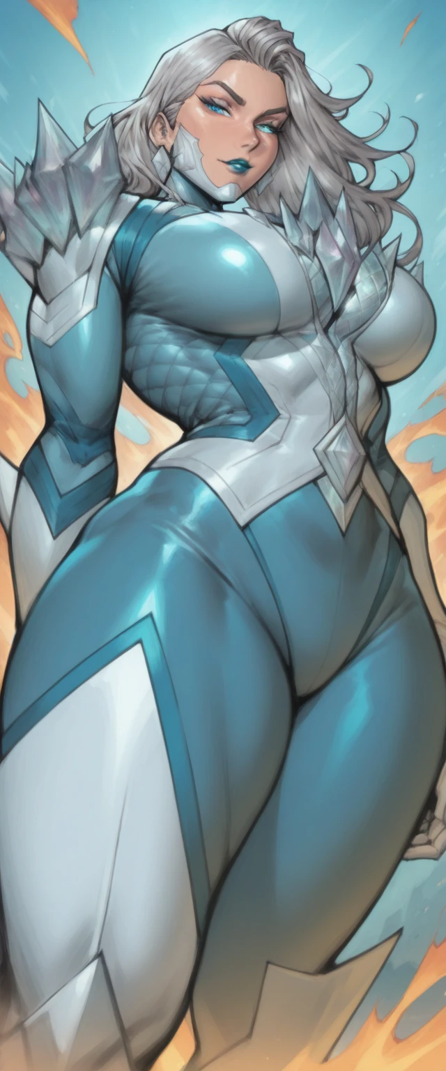 Generate an illustration of a mature Clair, gym leader of pokemon,  ponytail, holding a poke all,  de terno preto, long hair, hair flows straight down, darkblue hair, (gigantic breasts:1.4), blue outfit in anime format with a serious style, (black cape), blue tights, blue boots, gothic make up, masterpiece, ((dark lighting)), black background, puffy lips,slendered abs, beautiful face,
