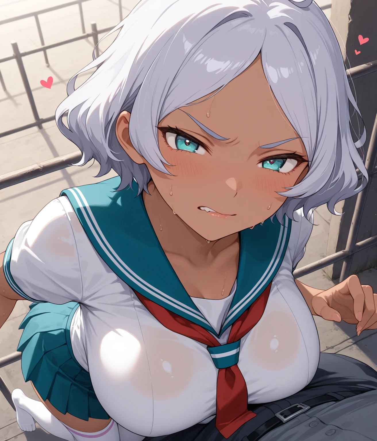 Saitou, (cowboy shot),cum in pussy:1.5,(glasses,short hair,short sleeved white sailor suit,underboob,naked lower body),ahegao, (crying:1.4),orgasm,((empty eye)),out tongue,big breasts,lean body