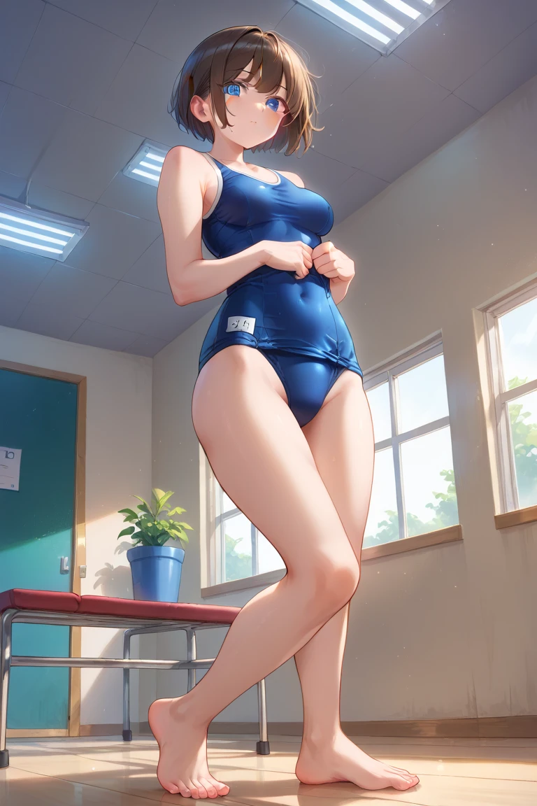 2D，highest quality，(masterpiece)，(full body)，Shameimaru text，brown hair short cut，healthy dark skin，sunburn，clavicle，（New School Swimwear），JK，Shiny bare legs，barefoot，beautiful brown eyes，attractive thighs，big breasts，locker room，locker，Light coming through the window，erotic look，large drops of sweat，It&#39;s stuffy，bold pose