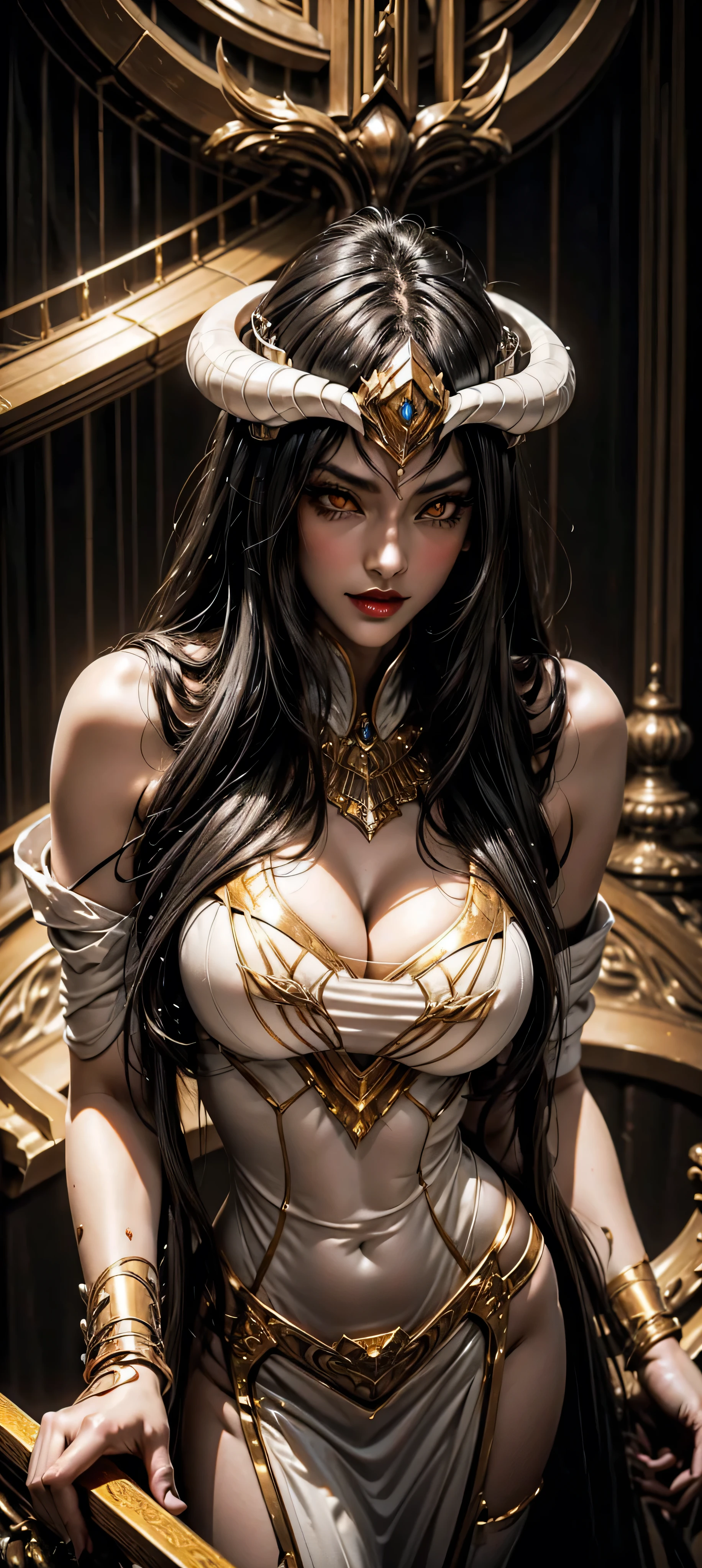 The Triumphant and evil serpent goddess, Echidna, she has stunningly beautiful face, long dark hair, very attractive body and limds, her eyes shine like ice with ruthlessness and sneer, she is very cunning and brutal, she is mocking at the sight of destruction, Greek mythology, Savage and primitive atmosphere, description of ultrra-accurate hands, super detail, Photorealistic, masutepiece, 8K