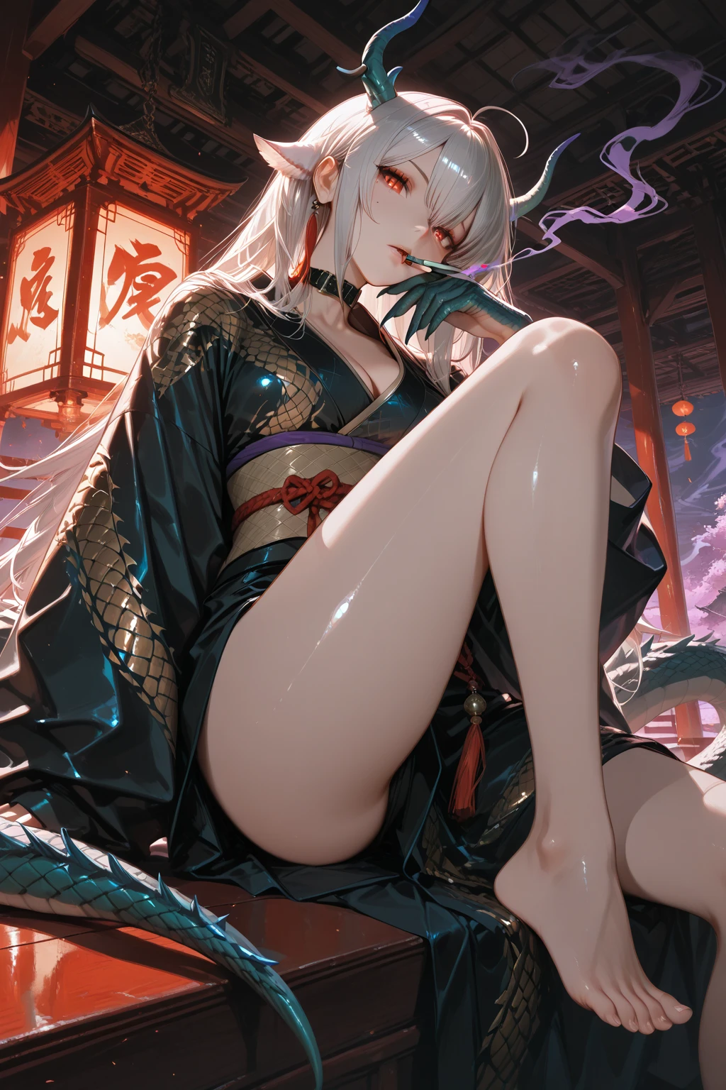 1girl, (frieren),mature female,elf,solo,green_eyes,white hair,long hair,twintails,thick lips,parted bangs,pointy ears, jewelry,seductive smile,barefoot, see-through dress, butterfly, butterfly hair ornament, backless dress, chinese clothes,sleeveless, double bun,golden dragon print,bare foot,elbow gloves,hair bun, hair ornament,jewelry,earrings,anklet,toe rings,slim legs,spread legs,nail polish, small breasts, solo, toenail polish, toenails, toes, twintails,outdoor,Chinese style architecture, Chinese style, lake, ancient town, beautiful and meticulous water,the red lantern,fireworks,