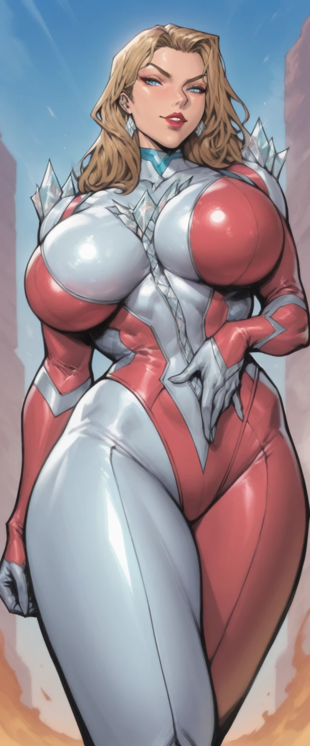 (masterpiece, top quality, best quality, official art, beautiful and aesthetic:1.2), (1girl:1.3), brown hair, braid, extremely detailed, portrait, looking at viewer, solo, (full body:0.6), detailed background, close up, mischievous eyes, (warm city superhero theme:1.1), (((reaching out, incredibly long arm, rubber arm, stretched arm))), pleasant smile, brunette, aquiline nose, green eyes, braid, ((gigantic breasts)), (thin), athletic, superhero. Wearing a sleek, satin (high-neck) (sleek white and red striped bodysuit), ((red sleeve stripes, red leg stripes)), (white sides, red center), modest, fully-covered, long red gloves, long red boots, slim waist, slim hips, long legs, modern (city street exterior:1.1) detailed background, bright optimistic lighting, shadows, magical atmosphere, dutch angle