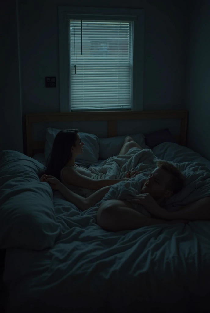 The two of them are lying side by side on their backs in bed, just before falling asleep,Love each other,two born people,She is having a serious conversation. Full body image from head to toe,women as born figure,old apartment bedroom at night,cinematic photography, psychologically-charged, muted colors, natural lighting, melancholic, disturbing, surreal, professional photo, vivid colors, she is a beautiful 40 year old white woman, very glamorous figure,dark Brunette straight long hair,The very large bust and hips, the large sagging bust,very large loose and sagging very huge bust,A conversation between two born people,ultra super dirk room,ultra huge bust,Full sleeping body image from head to toe,A scene from a psychological lesbian romance movie,woman as full born body figure,mature woman real body,real mature woman as born figure, two people photo,bare body women,mature lesbian couple,super realistic mature's body,slight plump,at night city light view,born bare figure women,lesbian milf's real romance,very artistic portrait,Full sleeping body image from head to toe,deep sleeping on the bed,A black Gibson Les Paul guitar with tattered, peeling paint hangs on the wall.