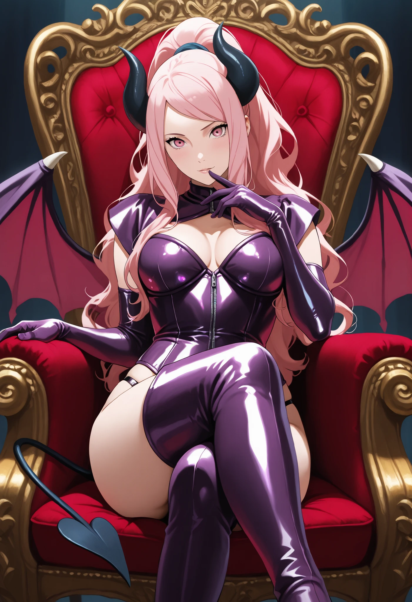 Succubus with long wavy pink hair, orange eyes, white skin revealing black clothes, voluptuous body, perverted smile, fantastic style, medieval room, lying on a bed