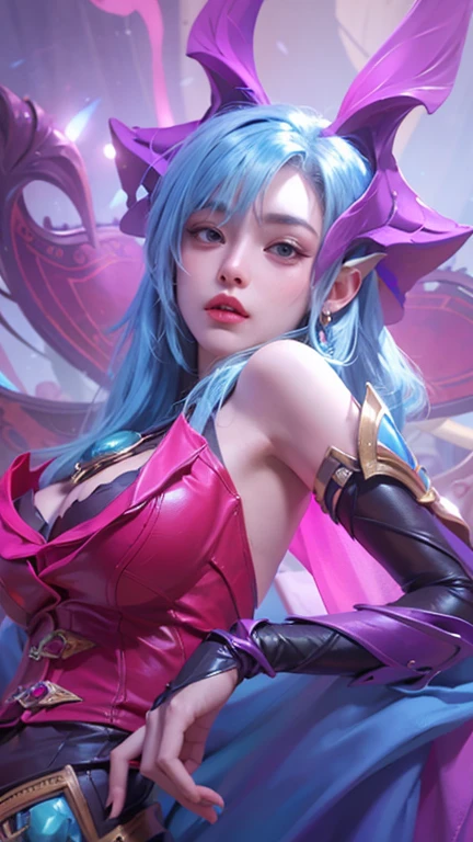 Irelia from League of Legends, KDA Irelia ((Realistic light, Best quality, 8k, Masterpiece :1.3)), Selfie, 1girl, Pretty woman with perfect figure :1.4, abs :1.1, (Light Purpel hair, Huge breasts :1.5), arabic dress :1.2, Bed, Ultra-detailed face, Detailed eyes, Double eyelid, perfect hands perfect fingers perfect breasts perfect hair perfect face perfect body