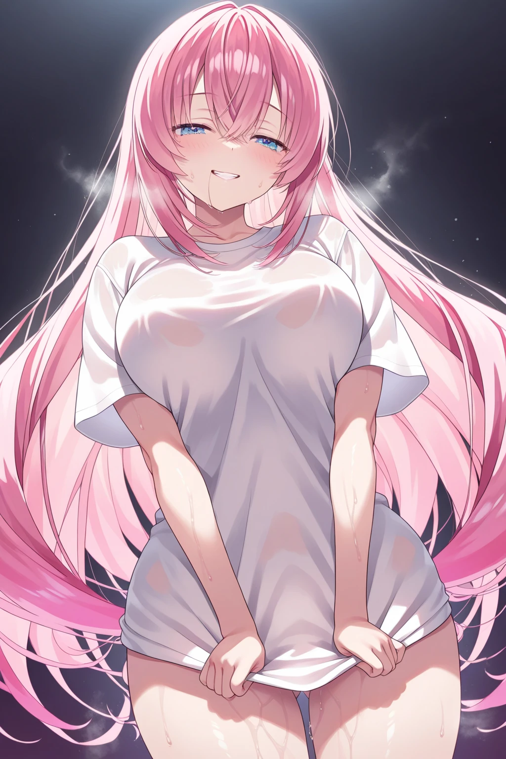 (highres), (absurdres), (best quality), (high quality), (masterpiece), 1girl, asuna, blue eyes, long hair, hair over one eye, very long hair, light pink hair, (medium breasts), beautiful black latex dress, looking at viewer, 8K HD RTX, (looking at viewer, standing at attention, cowboy shot), BRAKE (sweat:1.5), (steam:1.2), (masturbation:1.2), (girl trembling with sexual climax:1.1), (looking at viewer:1.3), (open mouth:1.2)