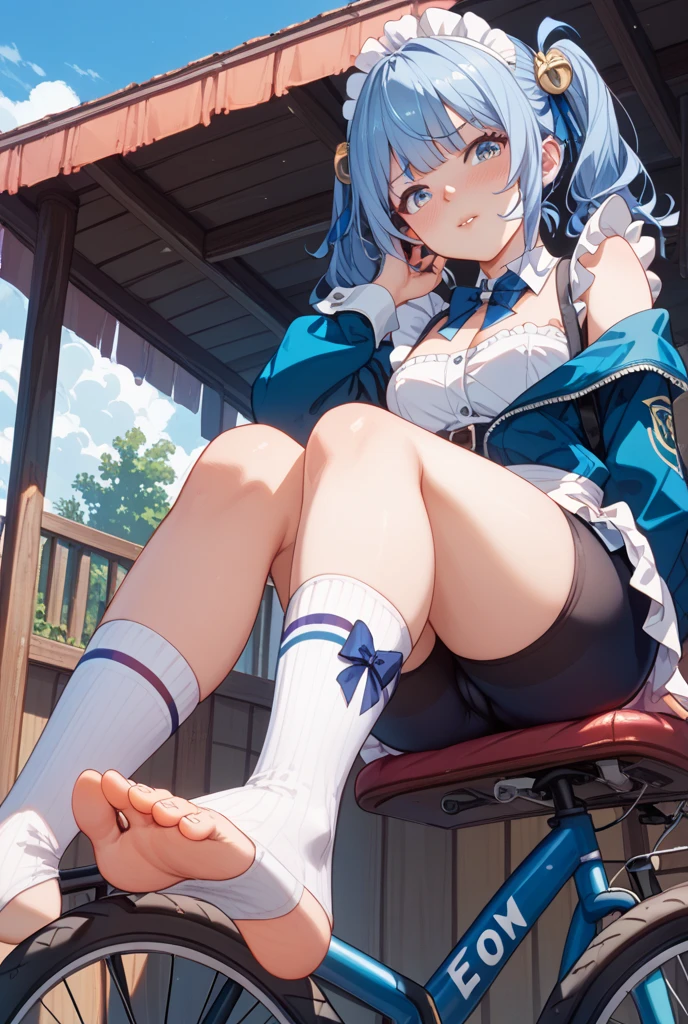 Aqua from Konosuba, upskirt, steps, from below, no pantie, aqua pubic hair, big anus, pussy spread