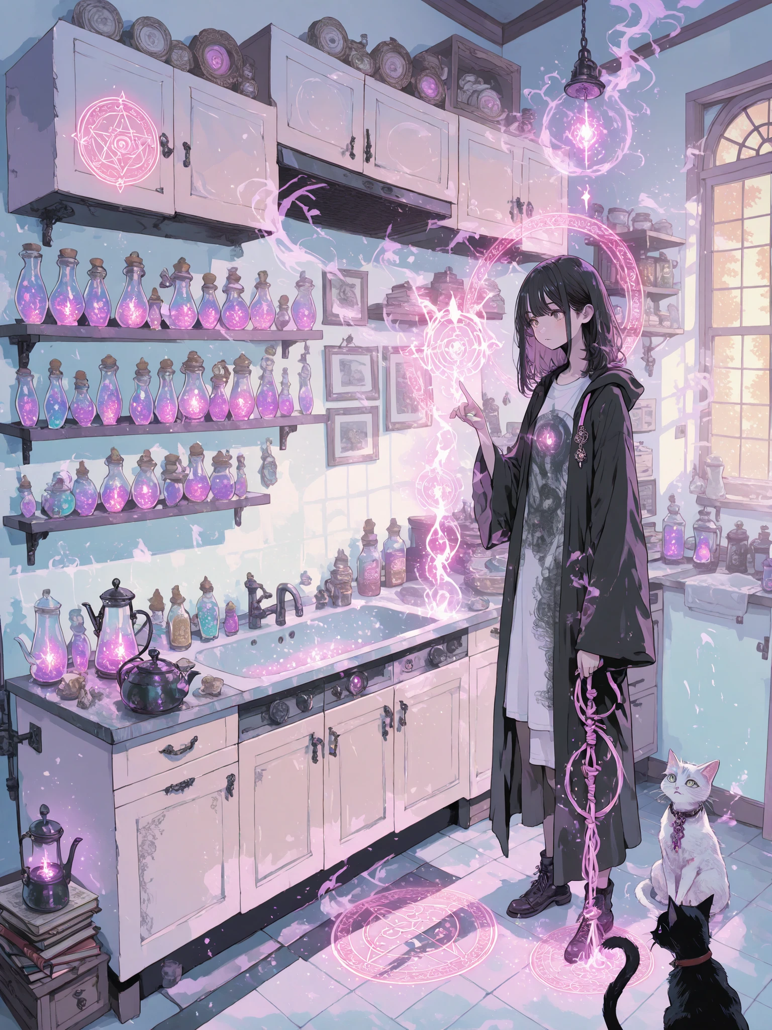 Anime-style illustration of a young female office worker (He is) who is secretly a modern witch, living alone in a cozy apartment. She wears comfortable home clothes with a subtle magical touch, like, a loose robe with lasso embroidery or a casual T-shirt combined with a floating ribbon or enchanted accessories. her hair is freely collected, and the small one a glowing crystal hovers next to her shoulder. She performs everyday household chores with soft magic: dishes wash by themselves in the sink, clothes fold in the air, the kettle boils with the spark of her finger, and her broom floats lazily behind her. The room is filled with magical charm — shelves, filled with potion bottles, books with glowing runes, drowsy the black familiar cat on the couch, and the magic circle glow faintly on the floor. Soft golden evening light comes through the windows. bizarre, warm atmosphere, Anime style, pastel colors, high detail, the cozy atmosphere of everyday life.