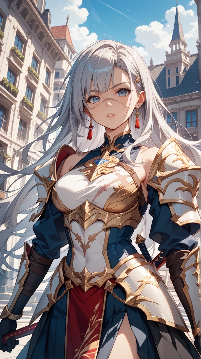Masterpiece in HD resolution, anime style with influences from RPG Maker and Unreal Engine 5. | In a fantastic world, a fearless adventurer with long white hair and red eyes faces unknown horizons. Wearing detailed adventurer attire, she holds a gleaming sword. | Composition in medium shot, highlighting the character's determined expression and the intricate details of the clothing. The camera captures the protagonist in a magical environment, ready to explore. | Dynamic lighting reveals nuances in white and red tones, while Unreal Engine 5 adds realistic textures to the scene. Global lighting effects create an immersive atmosphere. | An anime adventurer, modeled on the charm of RPG Maker and the graphical quality of Unreal Engine 5, ready to embark on an epic journey. | ((interacting with a prominent element of the scene, in an expressive pose or in a dynamic pose))."