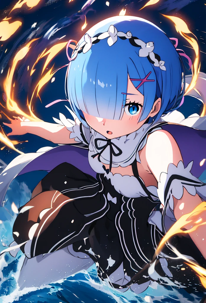 masterpiece, best quality, ultra-detailed, epic lighting, cinematic composition, <lora:remReZero_v10:0.5> rem_\(re_zero\),light blue hair, short hair, medium breasts, (hair over one eye:1.3), angry, shouting, blue eyes, roswaal mansion maid uniform, wide sleeves, apron, (white pantyhose:1.3), Ki Charge, <lora:DBKiCharge:0.6> purple aura, fighting stance, abstract background, (8k:1.1)