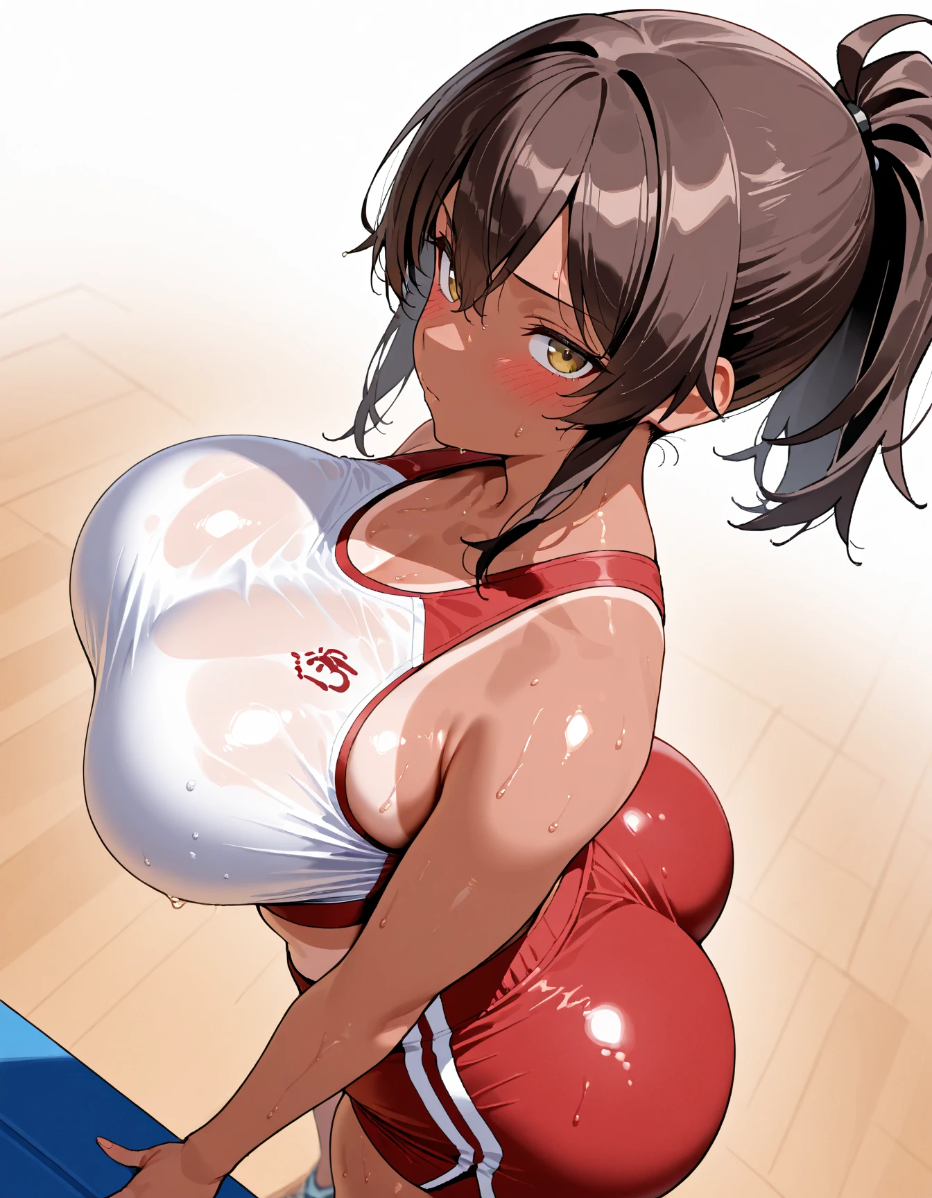 mastute piece,Best Quality,insanely detailed,8k cg,nsfw,
(shoot upper body:1.3),
(1girls:1.3),standing,looking at viewr,body in front,(both arms behind back:1.4),(volleyball wear:1.3,buruma:1.2),(bare breasts:1.4),(cutout nipples:1.4),break,
blush,shy,(ecstasy face),(trembling:1.2),break,(light brown hair:1.2),
break,
perfect breasts,(perfect teats:1.2),(open mouth:0.9),(large breasts:1.3),
(volleyball court:1.1),