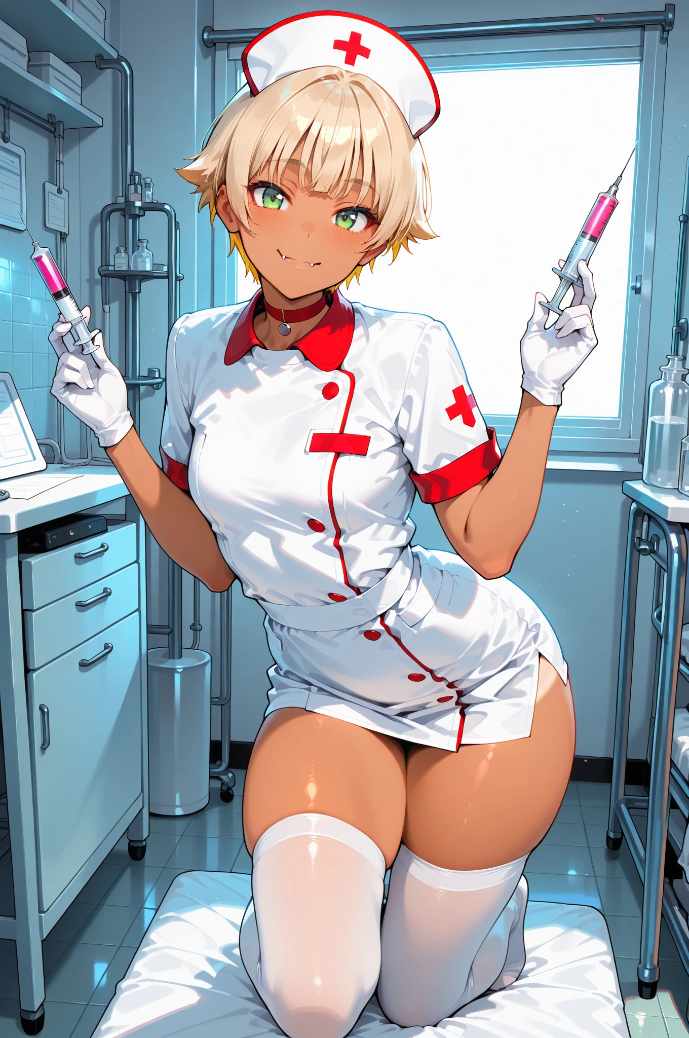 shy nurse,Caucasian skin,short white hair,red eye color,showing sweaty black panties showing pussy