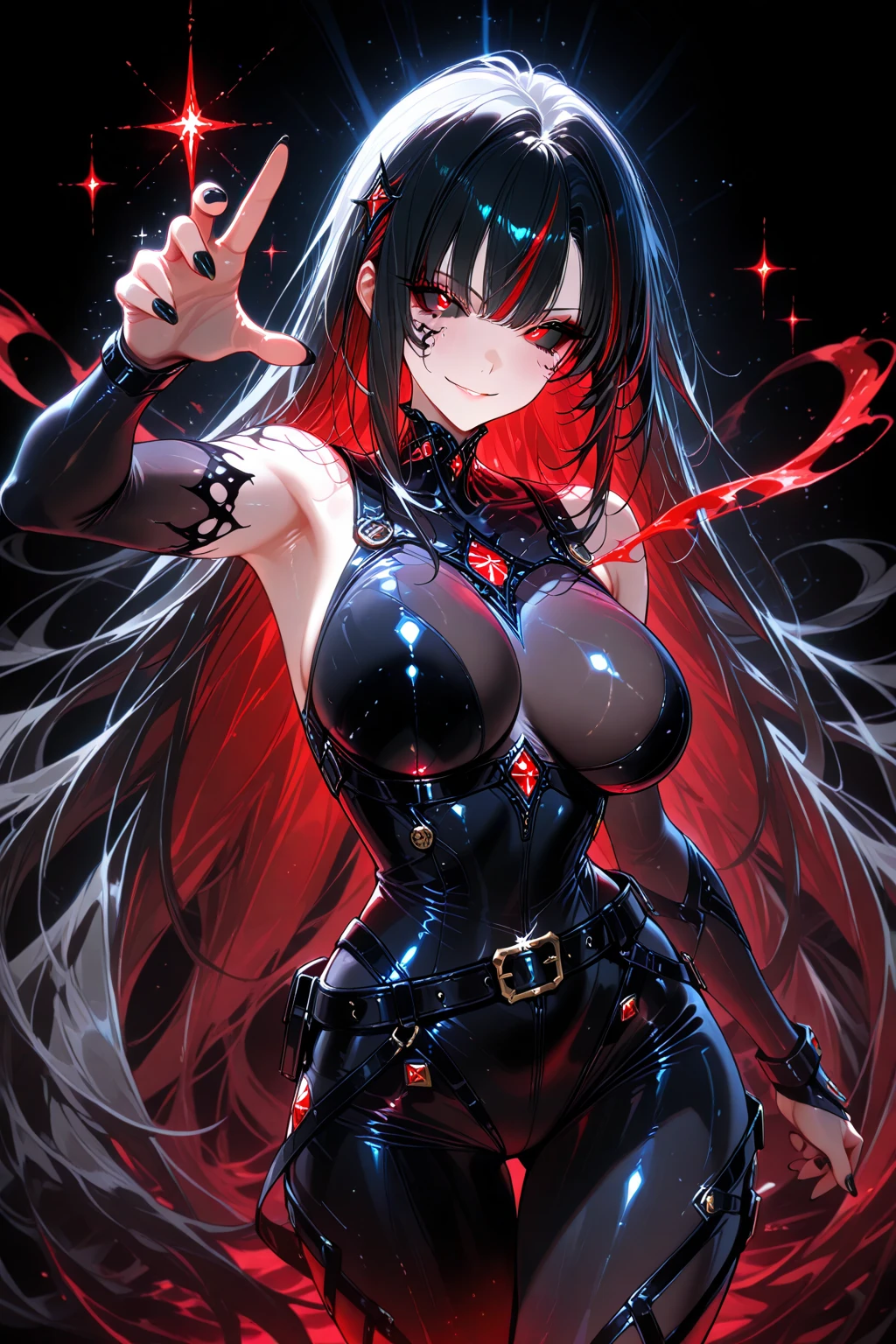 masterpiece, Score_9, Score_8_up, Score_7_up, front view, 1 woman, alone, black hair with red, long hair, parted bangs, dark red eyes, half-closed eyes, parted lips, expressionless, pale skin, large breasts, body suit, black bottom, best quality, horns up, long open bangs, black sleeveless shirt, black V-neck, red baggy pants, high heels, jibaku shounen Hanako kun